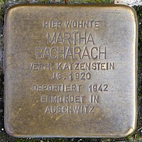Stumbling stone for Martha Bacharach (1920) in Memmingen.jpg