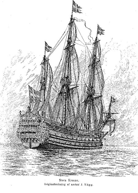 A black and white drawing of a large sailing warship seen from behind and to the right