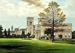 Stowlangtoft Hall, built 1859 by David Mocatta, painted in 1880, by Francis Orpen Morris Stowlangtoft Hall, F. O. Morris volume 3, 1880.png