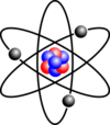 Stilisiertes Atom mit drei Bohrschen Modellbahnen und stilisiertem Kern.png