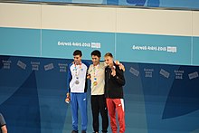 Boys' 200m Swimming Breaststroke event medal winners. Swimming Finals YOG 10-10-2018 (19).jpg