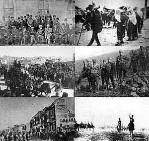 Med uret fra top venstre: Delegation samlet på Sivaskongressen for at afgøre målet med den nationale kamp; tyrkere bærer ammunition til fronten; Kuva-yi Milliye-infanteri; tyrkisk hestekavaleri; den tyrkiske hær befrier Izmir; de sidste tropper samlet på Ankara Ulus-pladsen rejser mod fronten.