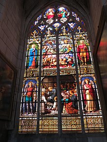 Eglise Saint Jean au Marché, Troyes, "Les âmes du Purgatoire", Baie 7. Vitrail-tableau d'Emile Babouot réalisé en 1879. Dimensions Hauteur 7,00 mètres - Largeur 3,20 mètres