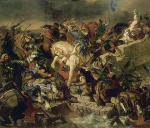 The Battle of Taillebourg won by Saint Louis, by Eugene Delacroix (Galerie des Batailles, 1837, Palace of Versailles) The Battle of Taillebourg, 21st July 1242.png