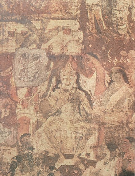 The coronation of Vanga prince Vijaya as king of Lanka island. Mural in the Ajanta Caves, western India