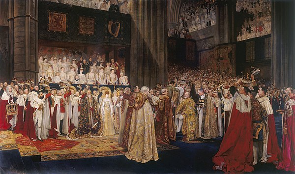 The moment of crowning in the coronation service; painting by Edwin Austin Abbey