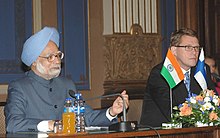 The Prime Minister, Dr. Manmohan Singh and the Prime Minister Matti Vanhanen in Helsinki on 2006. The Prime Minister, Dr. Manmohan Singh and the Prime Minister of Finland, Mr. Matti Vanhanen at a joint press conference, in Helsinki, Finland on October 12, 2006.jpg