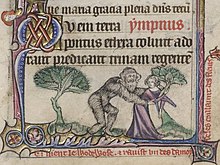 Homme sauvage cherchant à entraîner une femme qui s'accroche à un arbre (The Taymouth Hours f. 62)