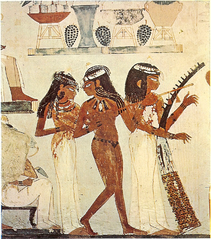 Trois musiciennes à Thèbes. Peinture murale de la tombe du scribe Nakht. XVIIIe dynastie, règne de Thoutmosis IV, 1401-1390