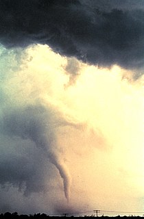 The first tornado captured on May 24, 1973, by the NSSL Doppler weather radar and NSSL chase personnel. The tornado is here in its early stage of formation near Union City, Oklahoma Tornado4 - NOAA.jpg