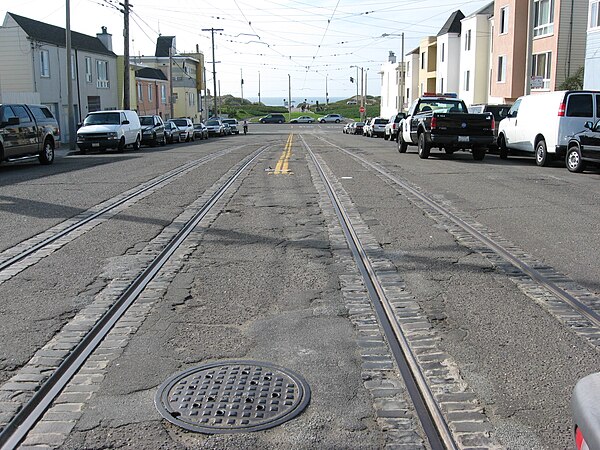 The original end of the L Taraval line, before the 1937 extension south of Taraval Street, with tracks still in place but not normally used. These are