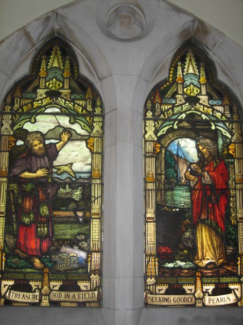 The Parable of the Hidden Treasure (left) paired with the Parable of the Pearl (right) on a stained glass window in Scots' Church, Melbourne