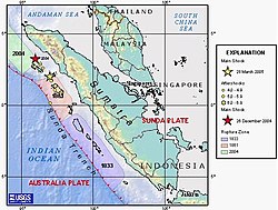 Representación de las zonas con terremotos en el oeste de Sumatra, incluyendo el terremoto de Sumatra de 2005.