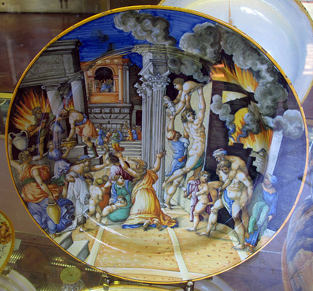 File:Urbino, bottega fontana, piatto con incendio di borgo (da marco da ravenna), 1560 ca..JPG