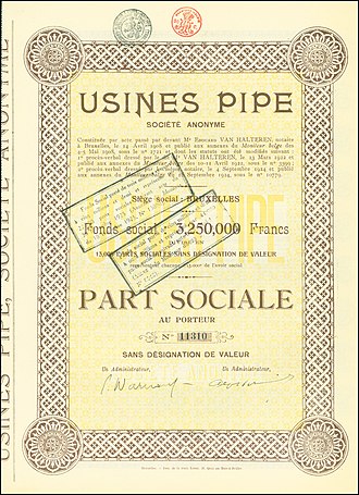 Share of the Usines Pipe SA, issued 18. September 1924 Usines Pipe 1924.jpg