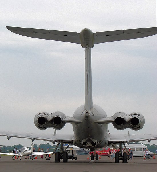 Rear view of a Vickers VC10, showing its four podded engines mounted on the rear fuselage