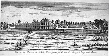 Vue du château d'Issy depuis la route de Paris à Meudon, gravure (vers 1710).