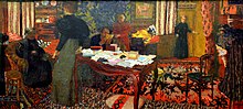 Grand intérieur aux six personnages, 1896. Rechts beeldt Vuillard zijn zus Marie bijna onzichtbaar af, als zesde persoon