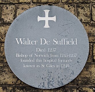 Suffield's plaque in Bishopgate, Norwich, NR1 1AA Walter de Suffield plaque.jpg