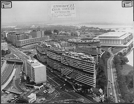 The complex. The Kennedy Center is visible in the background. The boxy building at middle left is the former Howard Johnson's Motor Lodge, used during the 1972 Watergate burglaries to monitor the break-ins and wiretaps across the street.
