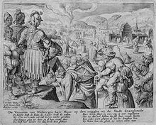An artist's representation of the siege of Weinsberg and the loyal women 1140. Copper engraving by Zacharias Dolendo, 16th century.