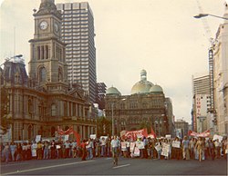 Protest in George Street, Sydney, outside the Sydney Town Hall, about 6.45 pm 11 November 1975 following news of the dismissal. Whitlam dismissal 19751111 Sydney.jpg