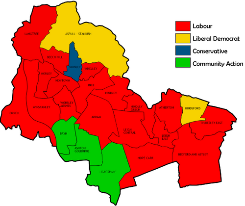 Map of the results of the 2003 Wigan council election. Wigan03.png