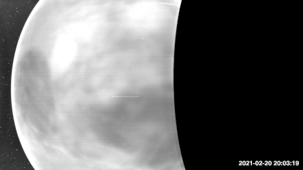 WISPR visible light footage (2021) of the nightside, showing the hot faintly glowing surface, and its Aphrodite Terra as large dark patch, through the clouds, which prohibit such observations on the dayside when they are illuminated.[215][216]