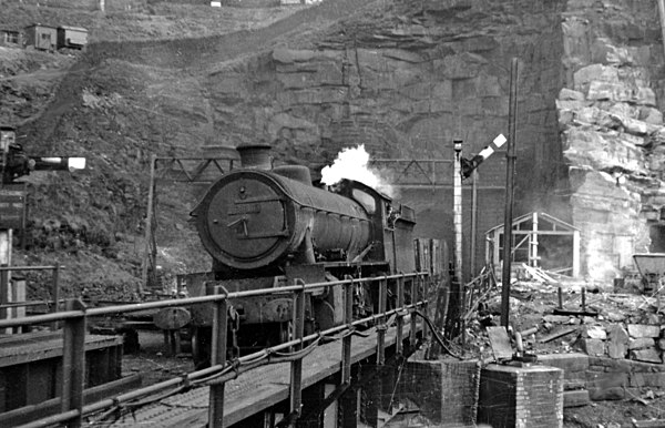 A coal train emerging from Woodhead Tunnel, in April 1950