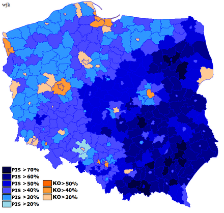Results of the 2019 Sejm election. Civic Platform denoted in orange.