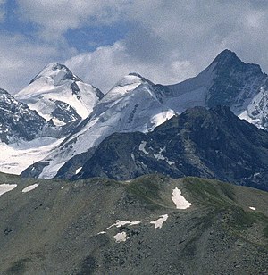 The Große Eiskogel in the center of the picture, the Zebrù on the left, the Thurwieserspitze on the right