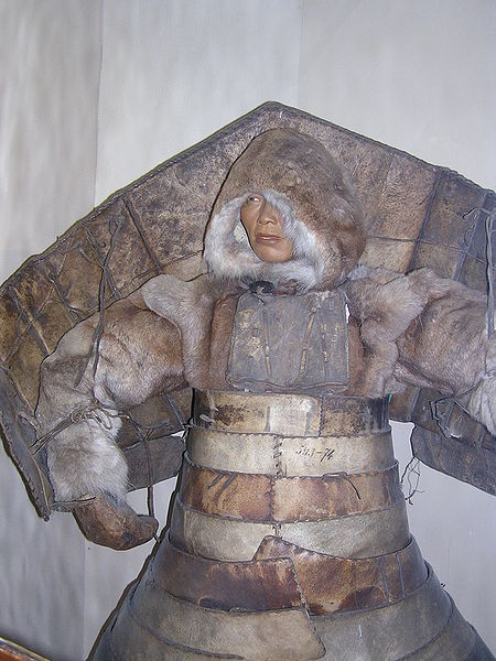 Laminar armour from hardened leather reinforced by wood and bones worn by native Siberians and Eskimos