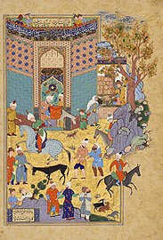 Мirza Ali. La Vente de l'âne. Miniature extraite des « Sept trônes », 1556—1565. Freer Gallery of Art de Washington, art persan
