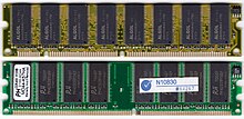 Two types of DIMMs: a 168-pin SDRAM module (top) and a 184-pin DDR SDRAM module (bottom). The SDRAM module has two notches (rectangular cuts or incisions) on the bottom edge, while the DDR1 SDRAM module has one. Also, each module has eight RAM chips, but the lower one has an unoccupied space for the ninth chip; this space is occupied in ECC DIMMs. 168 pin and 184 pin DIMM.jpg