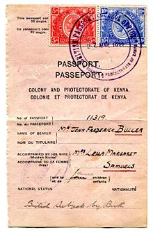 Kenya & Uganda stamps fiscally used on a 1933 passport page. 1933 passport page with 5s & 10s stamps of Kenya & Uganda.jpg
