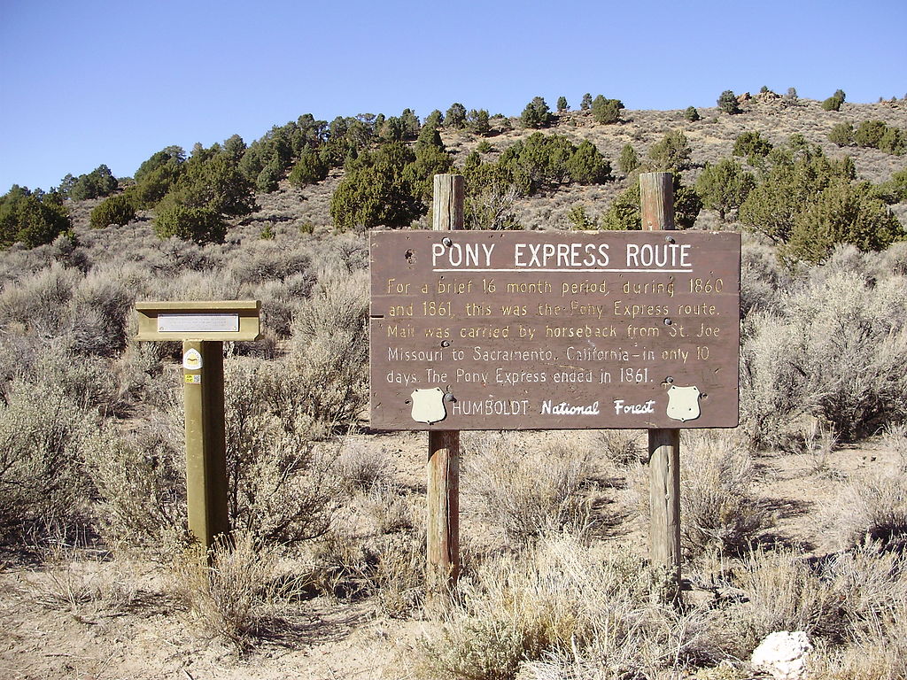 2012-10-18 P1010315 Pony Express and California Trail signs along White Pine County Route 6 at Overland Pass