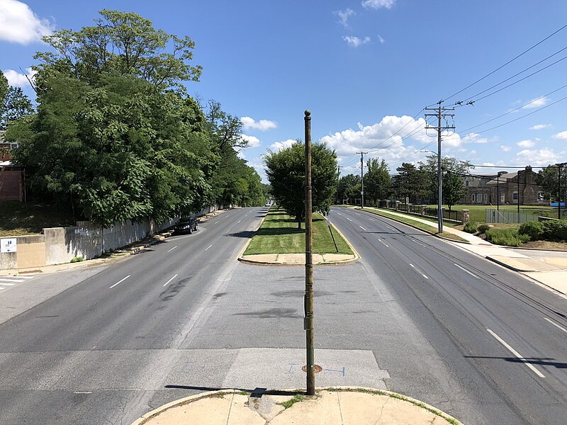 File:2020-07-02 11 19 40 View north along Maryland State Route 41 (Hillen Road) from the Morgan State University pedestrian overpass in Baltimore, Maryland.jpg