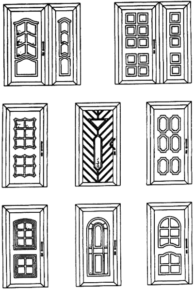 Рисунок 3 — Примеры архитектурных рисунков дверных блоков с декоративным заполнением дверных полотен высокой