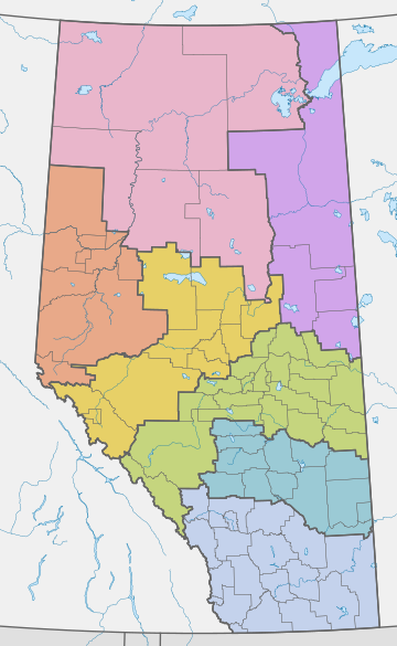 Peta dari Alberta, Kanada, dibagi menjadi tujuh penggunaan lahan framework daerah.