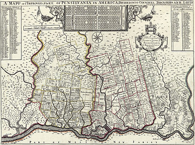 Holme's 1687 map of Pennsylvania. "The Welch Tract" appears to the left of center. A mapp of ye improved part of Pensilvania in America, divided into countyes townships and lotts - cropped, curves.jpg