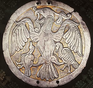 The other part of the pair of the silver hair decoration disk with motive of mythic Turul bird from a 10th century Hungarian cemetery (Found in Rakamaz, Hungary)