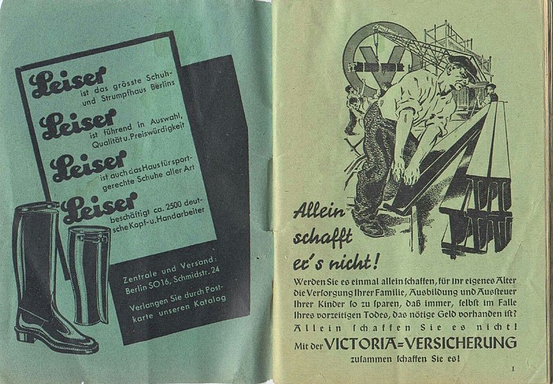 File:Abzeichen u Dienstgrade der SA (Cord von Einem, Berlin ca 1933) 03 Insignia and ranks of the Sturmabteilung Nazi propaganda uniform booklet I ads Leiser Schuhhaus Victoria-Versicherung (Pinterest) No known copyright.jpg