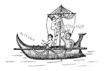 Reproduction of a 3rd century depiction of an actuaria from the Altiburus mosaic. The figure towards the bow of the ship is beating the time for the rowers with a mallet; from photo by Paul Gauckler, 1911. Actuaria Gauckler.png