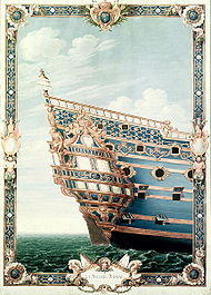Painting of an ornamenred skip's stern seen from the starboard side, The ship has balconies and two stories of quarter galleries With Heavy, intricate baroque ornamentation in gold on a blue background. The gold ornaments are a mix of various sculptures, floral shapes and fleurs-de-lis.