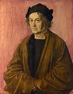 阿尔布雷希特·杜勒的《70岁的杜勒父亲肖像画（英语：Portrait of Dürer's Father at 70）》，51 × 40.3cm，约作于1497年，自1904年起收藏[31]