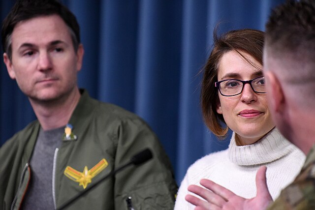 Directors Ryan Fleck and Anna Boden speaking at The Pentagon in March 2019