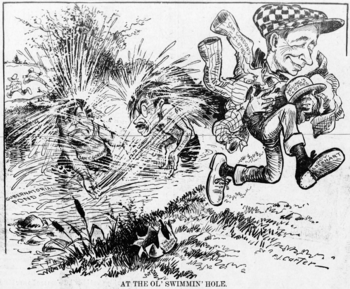 Cartoon published in the Minneapolis Tribune on July 28, depicting Governor Eberhart running off with Gordon and Young's clothes At the Ol' Swimmin' Hole.png