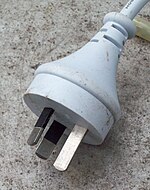 Australasian standard three pin plug, with part insulation on the Active/Line and Neutral pins. Aust AC plug.jpg