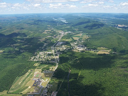Bald Eagle Valley looking northeast from Wingate. The Bald Eagle High School is at the lower left and the Bald Eagle State Park is near the top center.