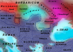 Roman provinces and barbarians at the Lower Danube around 200 AD Balkans 200AD.png